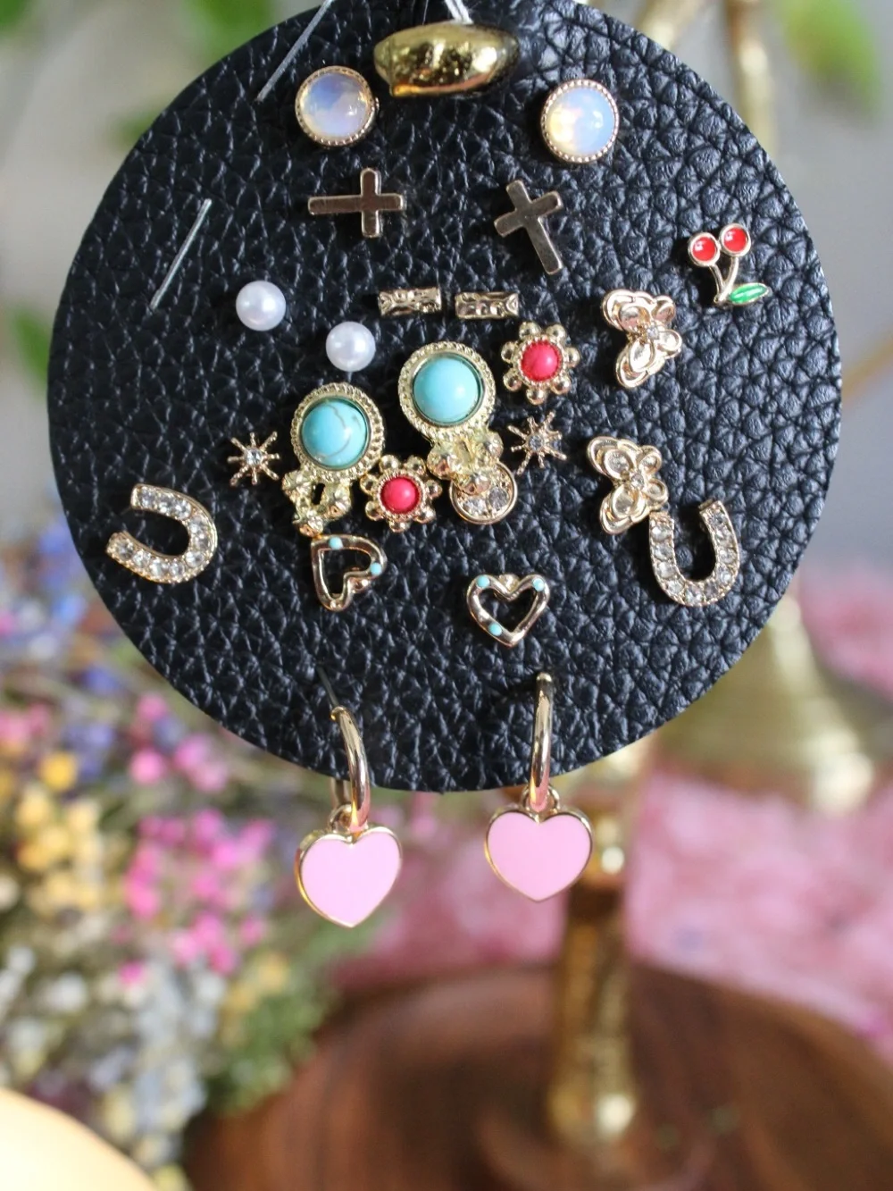 Gold-Tone Mixed Stud & Hoop Earring Set with Pink Hearts and Turquoise Accents